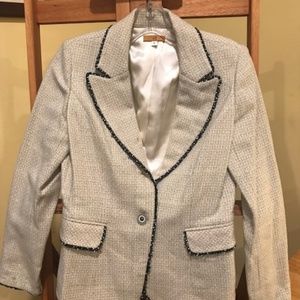 Vintage Tweed Off White Beige Lined Beaded Blazer